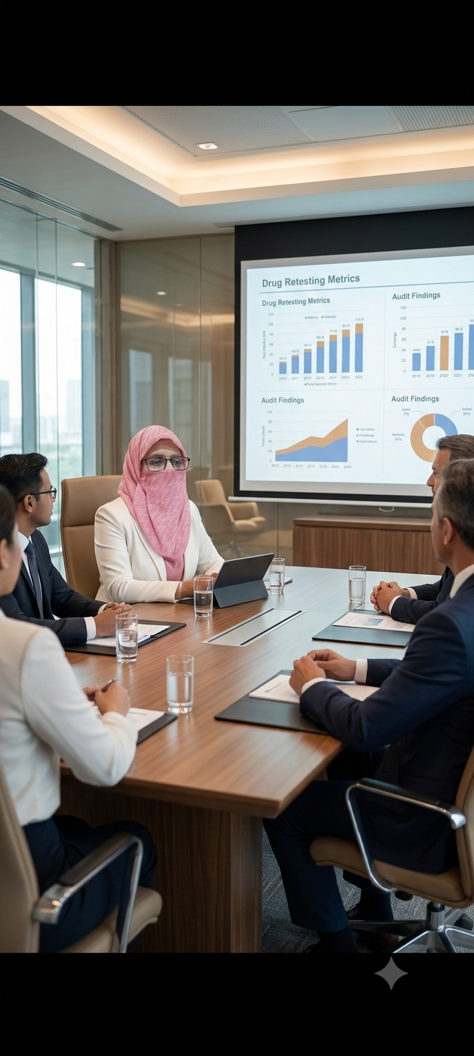 Javeria Muneer presenting drug retesting metrics in a boardroom meeting