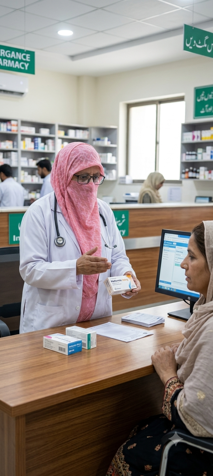 Javeria Muneer counseling a patient at the pharmacy counter