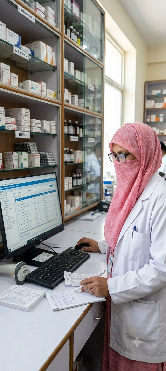 Javeria Muneer at a hospital pharmacy workstation