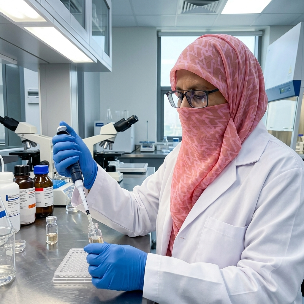 Javeria Muneer pipetting a sample in a modern analytical laboratory
