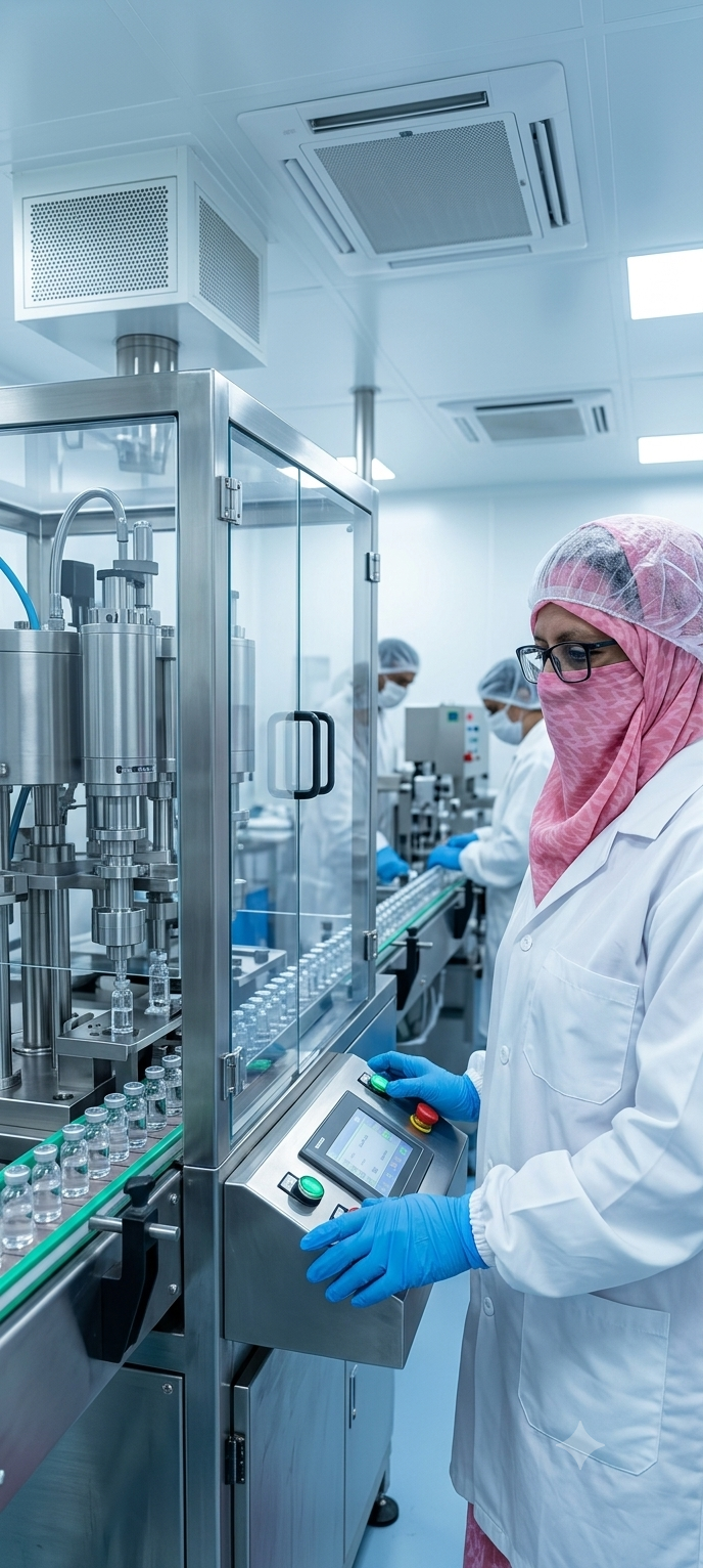 Javeria Muneer operating a control panel beside a pharmaceutical filling line