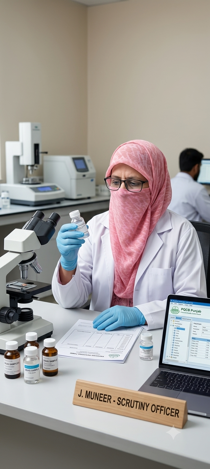 Javeria Muneer reviewing a drug sample at her quality-control desk